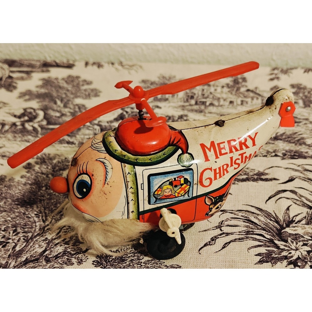 Vintage Yuletide Wind Up Santa Reindeer Christmas Copter Tin Toy Japan